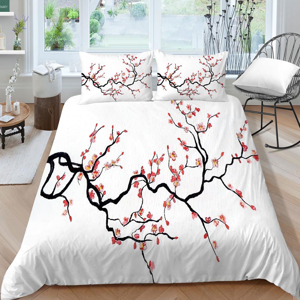 3D Family Bedding Single Double Bed Full Size Bedding Plum Blossom Pattern Pillowcase and Quilt Cover Noble and Washable Family Decoration