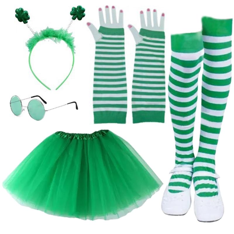 Patrick's Day Hat Bowtie Beard Headband Necklace Eyeglasses Skirt Long Glove Leg Sleeve Patrick Costume Accessories