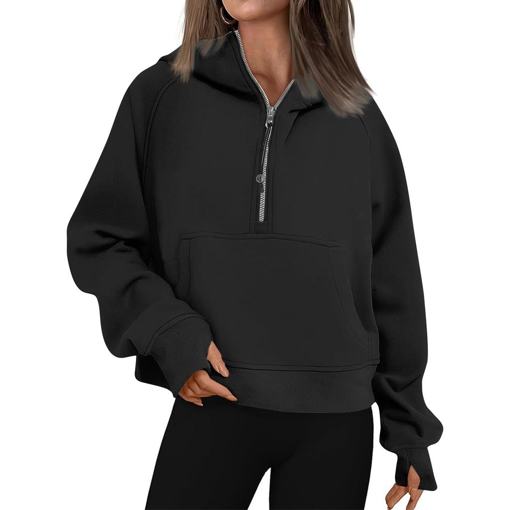 Women's Hoodies Solid Color Loose Short Half Zip Pockets Thumb Hole Long Sleeve  Pullover Sweatshirts