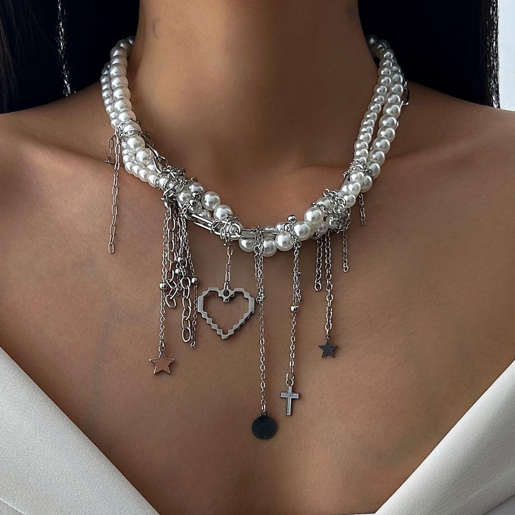 Multi Layered Elegant Imitation Pearl Beaded Necklace Fashion Tassel Chain Heart Pendant Clavicle Necklaces Jewelry Collar Girls Party