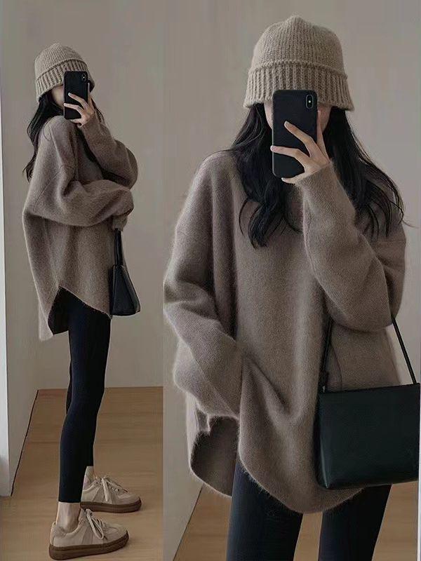 Women's Wool Knit Sweater - Korean Style Loose Pullover, Round Neck, Versatile Pure Color for Autumn/Winter