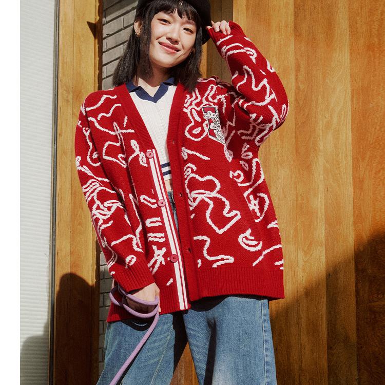 Li Ning Cny Wanshi Qingsong Series Brand Logo Pattern Вышитый V-образный вырез Длинный рукав Вязаный свитер унисекс Свитер Агатово-красный AMBU245-1
