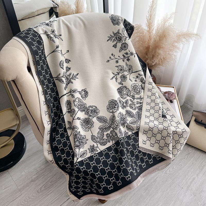 Imitation Cashmere Flowers Retro Simple Texture Printing Double-Sided Warm Scarf Shawl Outer Cover Women