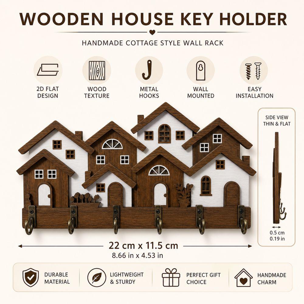 Wood House Key Holder 2D Flat Wall Key Rack New Decorative Key Hanger  Living Room Decor