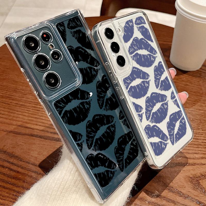 Противоударный силиконовый чехол для телефона Samsung S24 S23 Ultra S22 S21 Plus S20 FE A55 A54 A53 A52 A35 A34 A14, мягкий прозрачный чехол с цветным рисунком губ