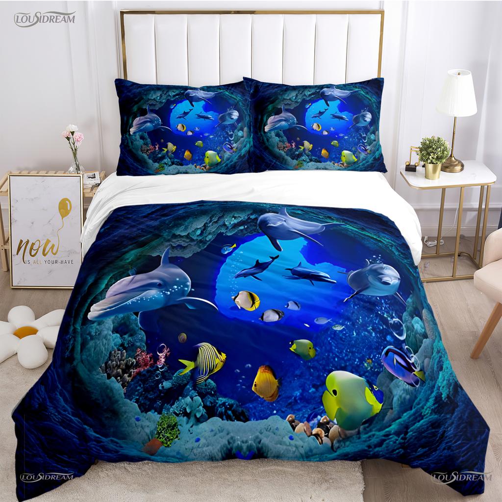 3D Ocean World Dolphin Whale Fish Duvet Cover Comforter Beding Set Soft Quilt Cover and Pillowcase for Single/Double/Queen/King