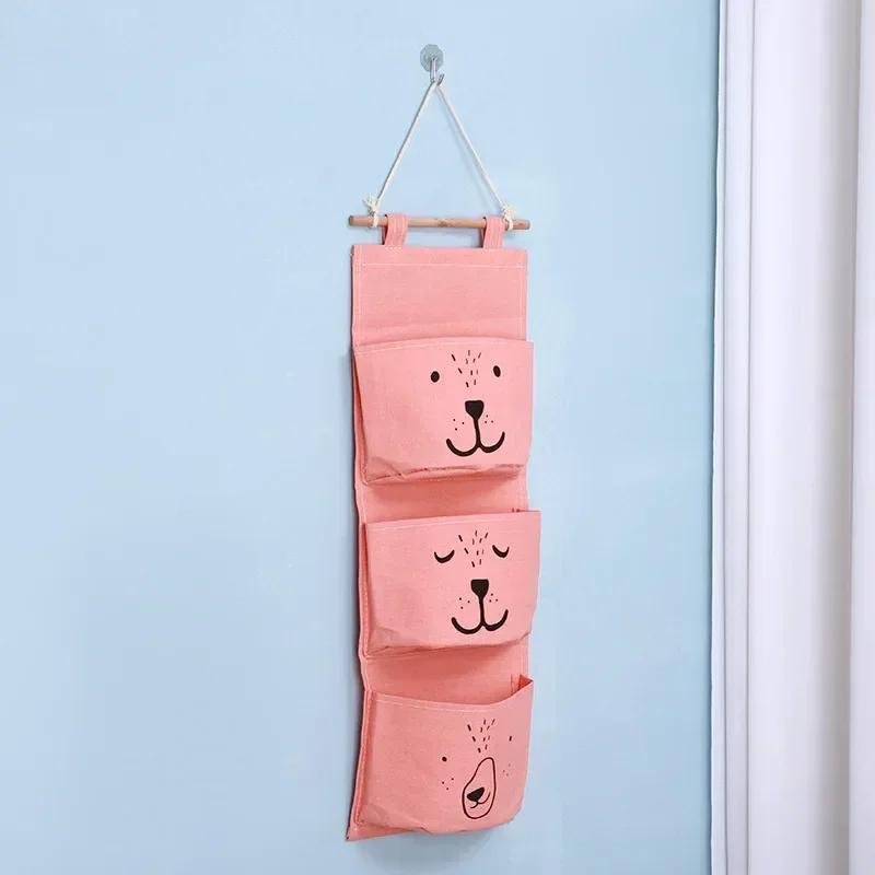 3 Pockets Cotton Wall Mounted Storage Bag Home Room Closet Door Sundries Clothes Hanging Bag Holder Cosmetic Toys Organizer