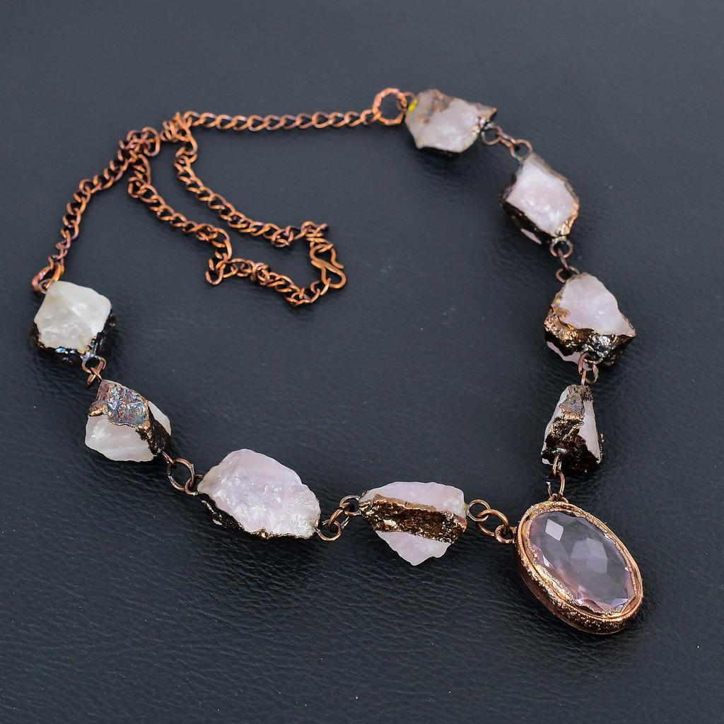 Ожерелье из розового кварца, ювелирное изделие из драгоценного камня, медное гальванопластическое ожерелье с регулируемой цепочкой, подарок для женщин, ожерелье ручной работы