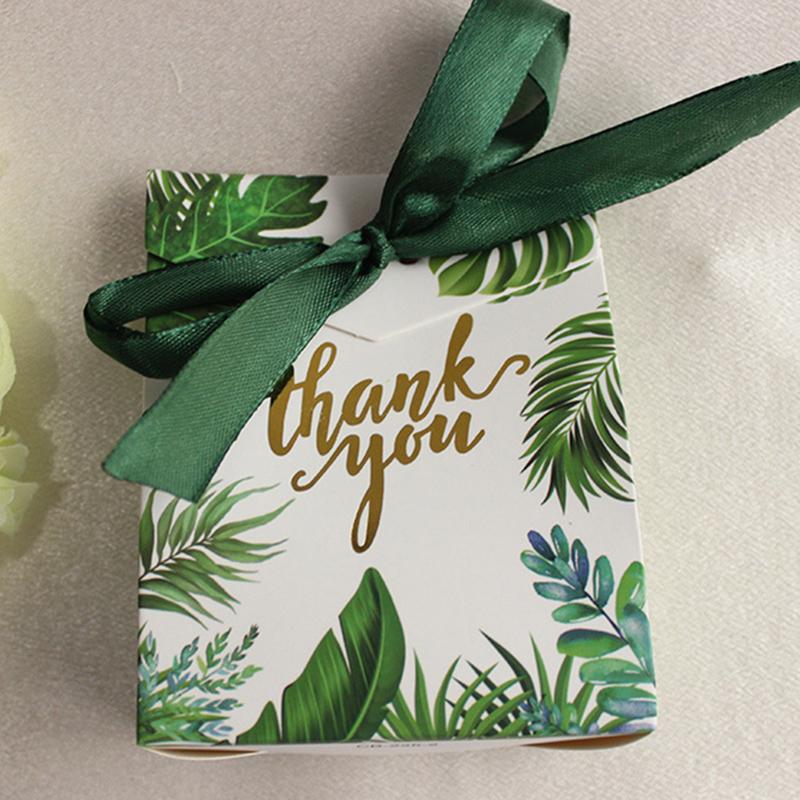 10pcs Jungle Gift Bags Green Ribbon Wedding Favors Candy Box Thank You Gifts Handbag Leaf Cookie Chocolate Packaging Party Decor