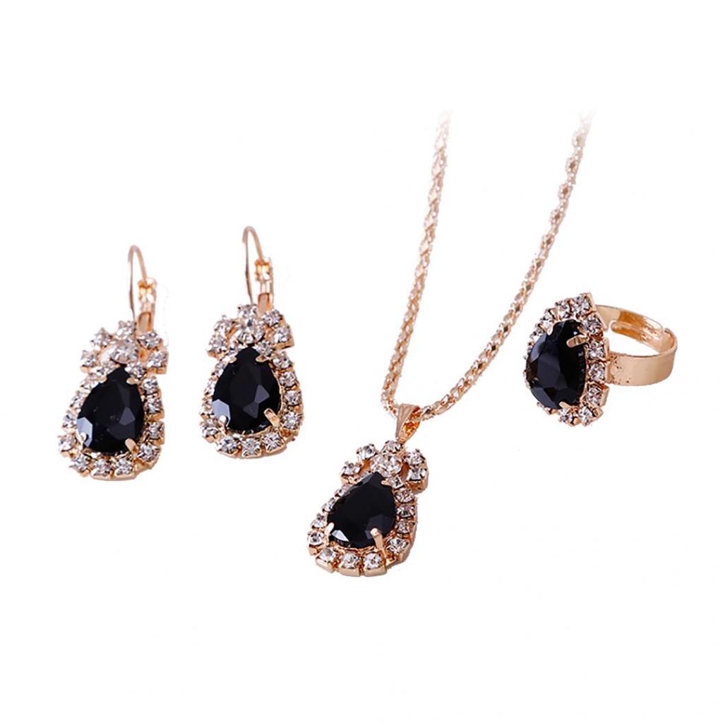 Fashion Waterdrop Shiny Rhinestones Necklace Ring Earrings Women Jewelry Set KTJ