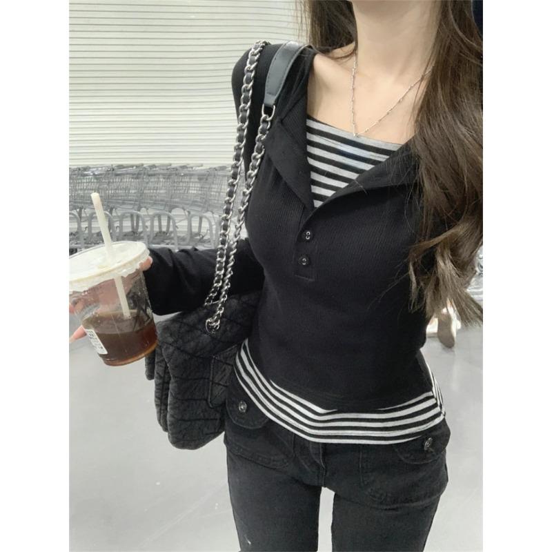 New Design Fashion T-Shirts Women Square Collar Fake Two Pieces Striped Top Long Sleeve Slim Casual Tees American Retro Y2K