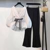 Women Elegant V-Neck Stripe Lantern Sleeve Bow Belt Trend Slim Chiffon Shirt Top and Pants Office Lady Casual Suit
