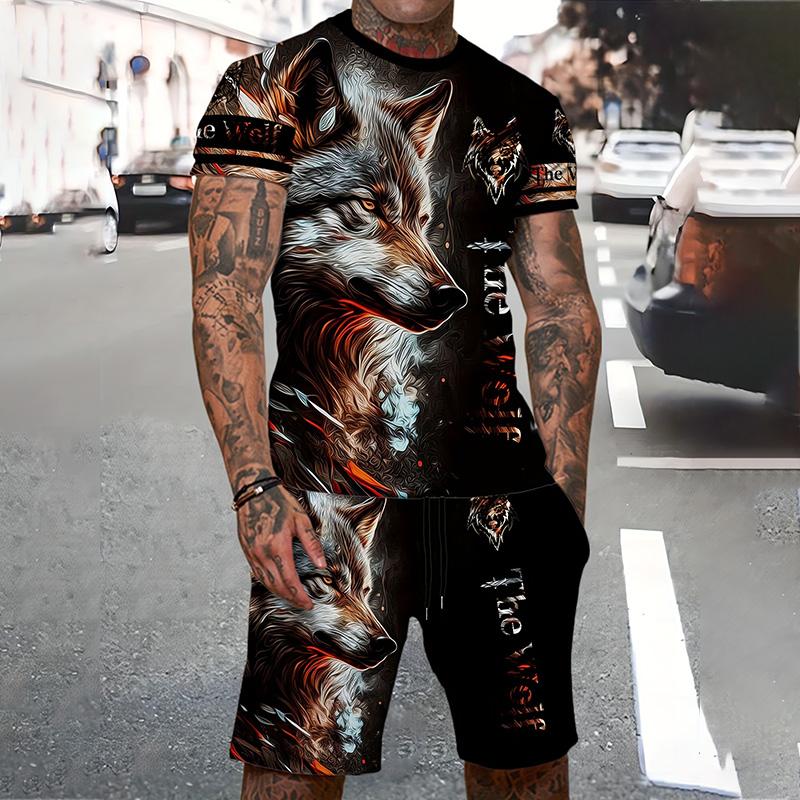 Мужской костюм, летний повседневный дышащий освежающий костюм с принтом 3D волка, свободный мужской топ, модный, короткие рукава