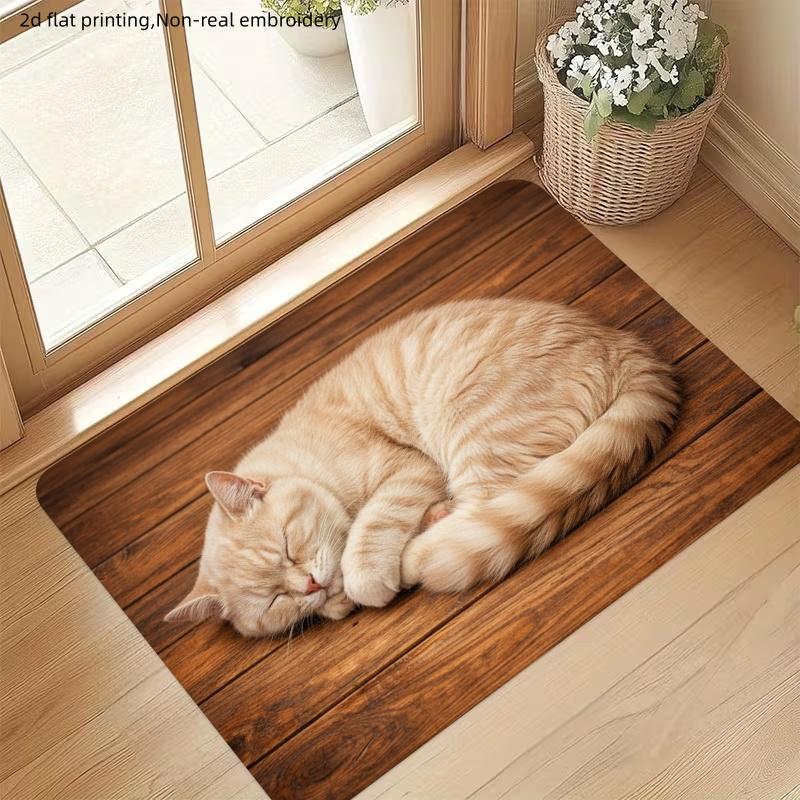 1pc, 2D Flat Printing, Cozy Wood Grain Texture Floor Mat for Cats, Doorway Entrance Rug, Non-Slip And Machine Washable Polyester Carpet, Suitable for