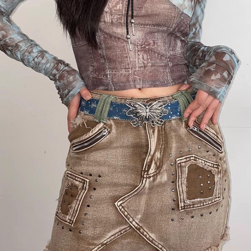 Rhinestone Y2k Jeans Belt Sweet Women's Waist Belt Fashion Butterfly Buckle Waist Belt Daily