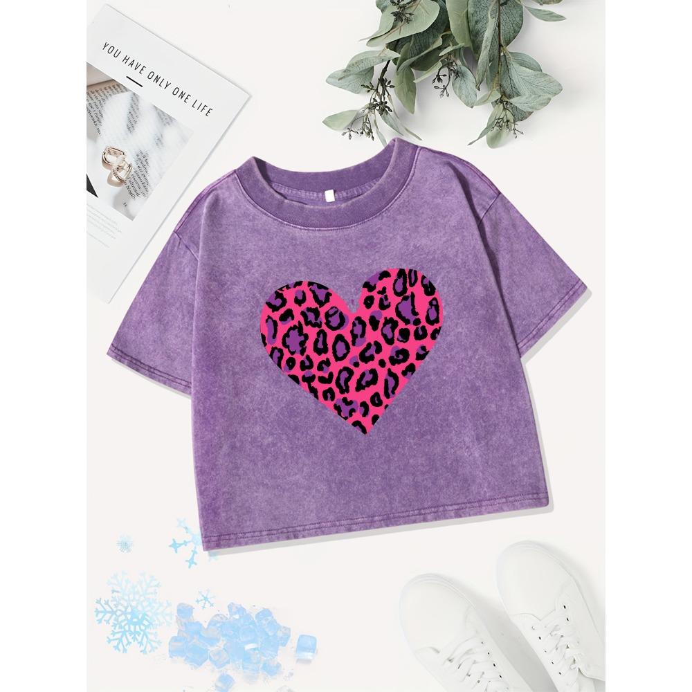 Summer Cotton Crop Tops Womens Pink Leopard Heart Prints Washed T-Shirts Distressed O-Neck Regular Fit Clothes