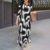 Women Casual Turn Down Collar Loose 3/4 Sleeve Print Dress