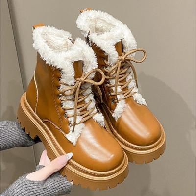 Новые женские ботинки на платформе, короткие, плюшевые, желтые, со шнуровкой и молнией по бокам, зимние женские ботинки, большой размер 42, женская обувь