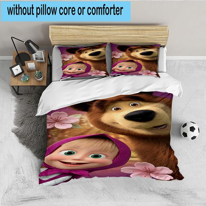 Heart-themed Ma-sha Illustration. 3PCS Bedding set,Ideal for 1pc Duvet Cover And 2pcs Pillowcases Perfect for Fan gift,Ideal for Bedroom, Dormitory