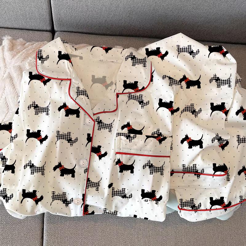Мультяшные милые пижамы с принтом щенка для женщин Осень Зима Повседневная ночная одежда Мода V-образный вырез Женские домашние комплекты