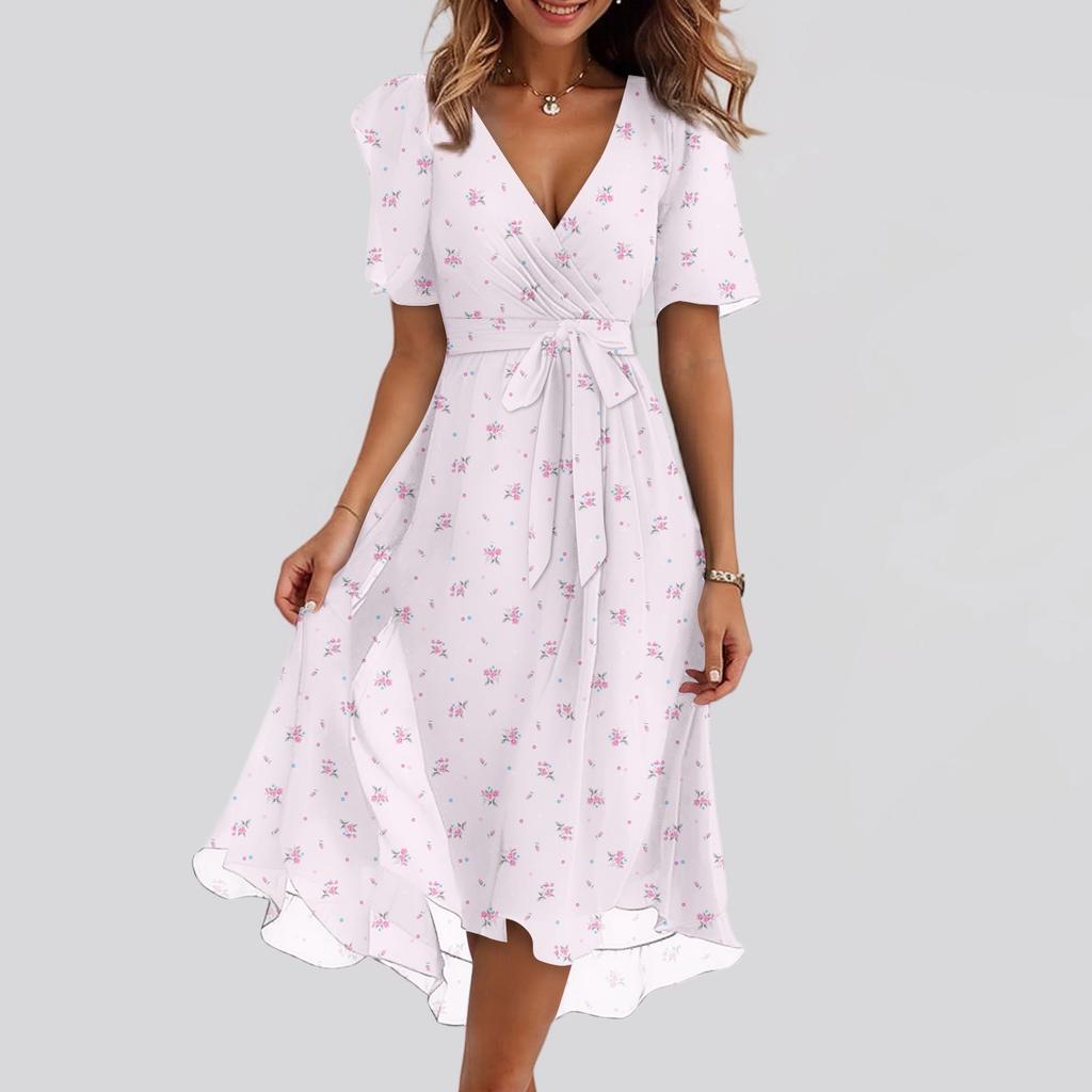 Women's Fashion Casual V Neck Short Sleeve Ruffled Vintage Printed Dresses