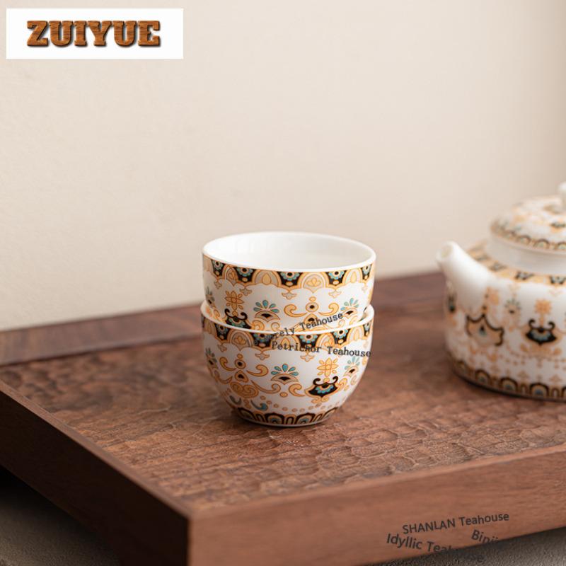 2pc/lot Mutton Fat Jade Thangka Dunhuang Teacup Zen Tea Bowl Water Jug Tea-tasting Meditation Cup Jianzhan Master Cups Cha 50ml