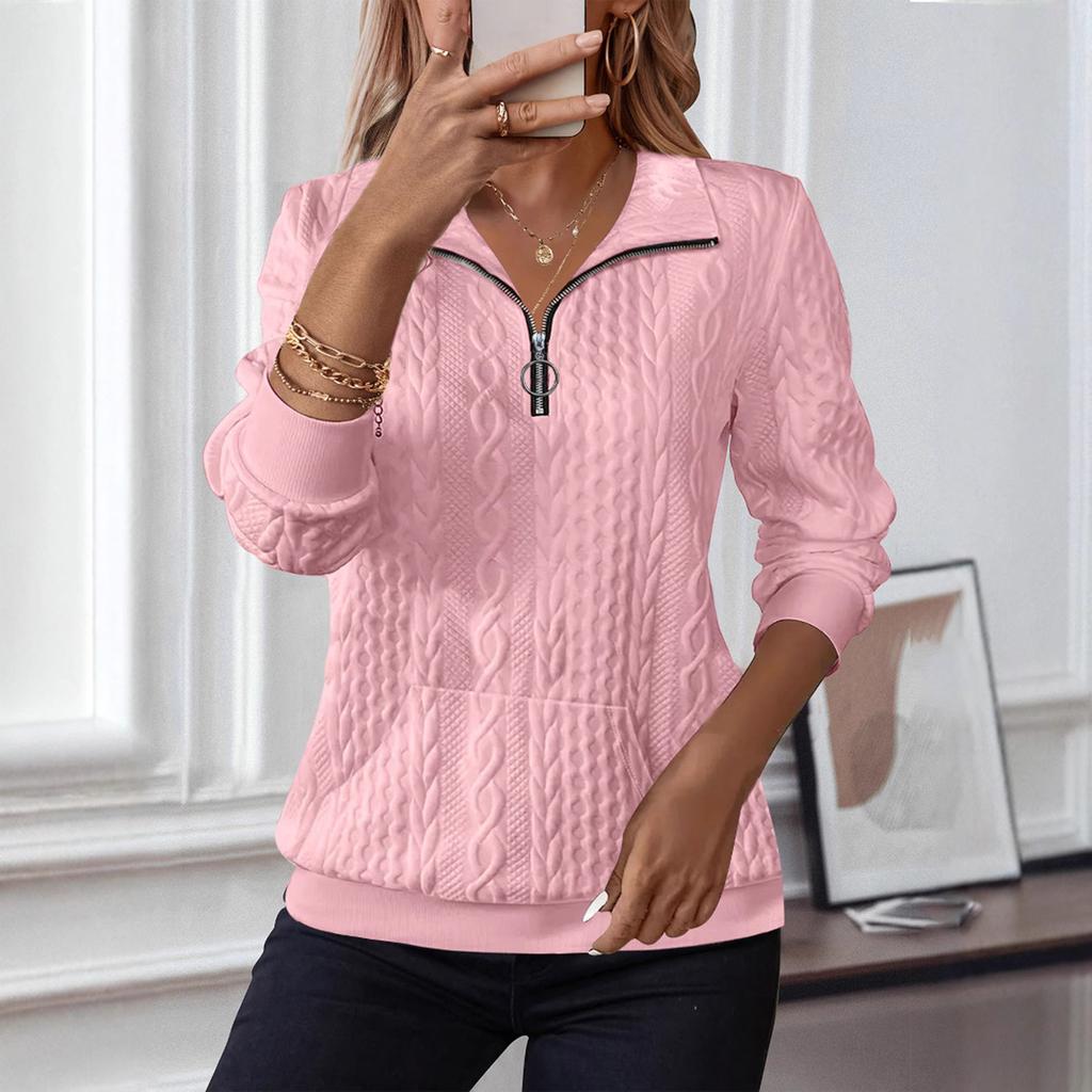 Women's Fashion Long Sleeve Solid Color Casual Collared Zipper Long Sleeve Pocket Sweatshirt