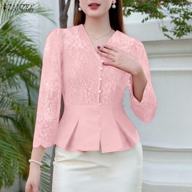 ZANZEA Женская повседневная блузка с V-образным вырезом, рукавом 3/4 и кружевной вставкой, приталенного силуэта