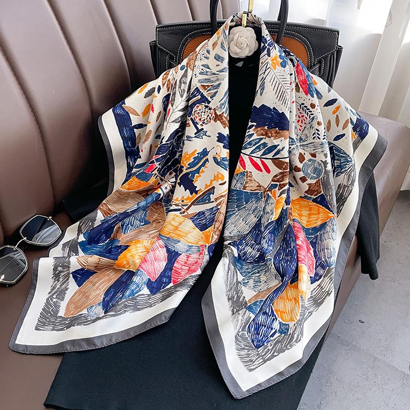Luxury Brand Printed Hijab Scarf Elegant Thin Smooth Satin Shawl Summer Windproof Sunscreen Square Scarf For Women