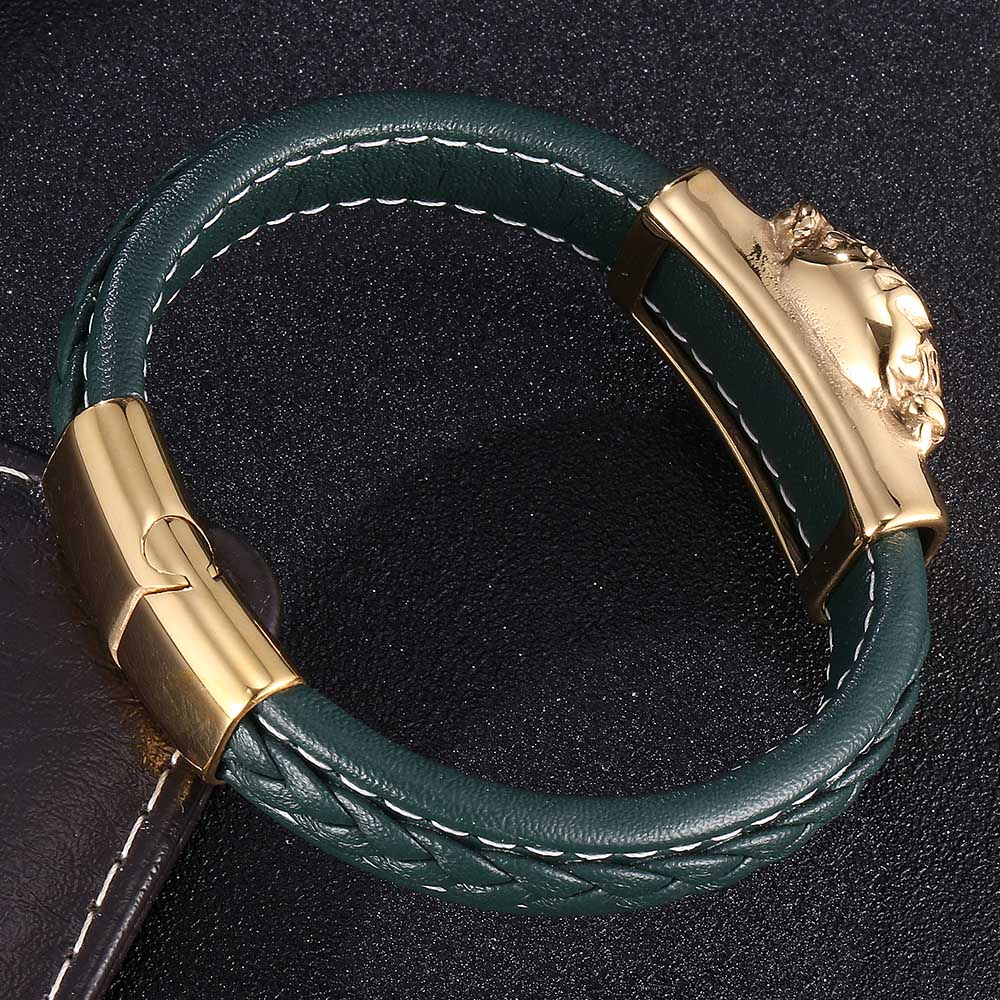 Панк-ювелирные изделия из нержавеющей стали, мужские золотые подвески в виде черепа, зеленый кожаный браслет, цепочка, браслеты и браслеты