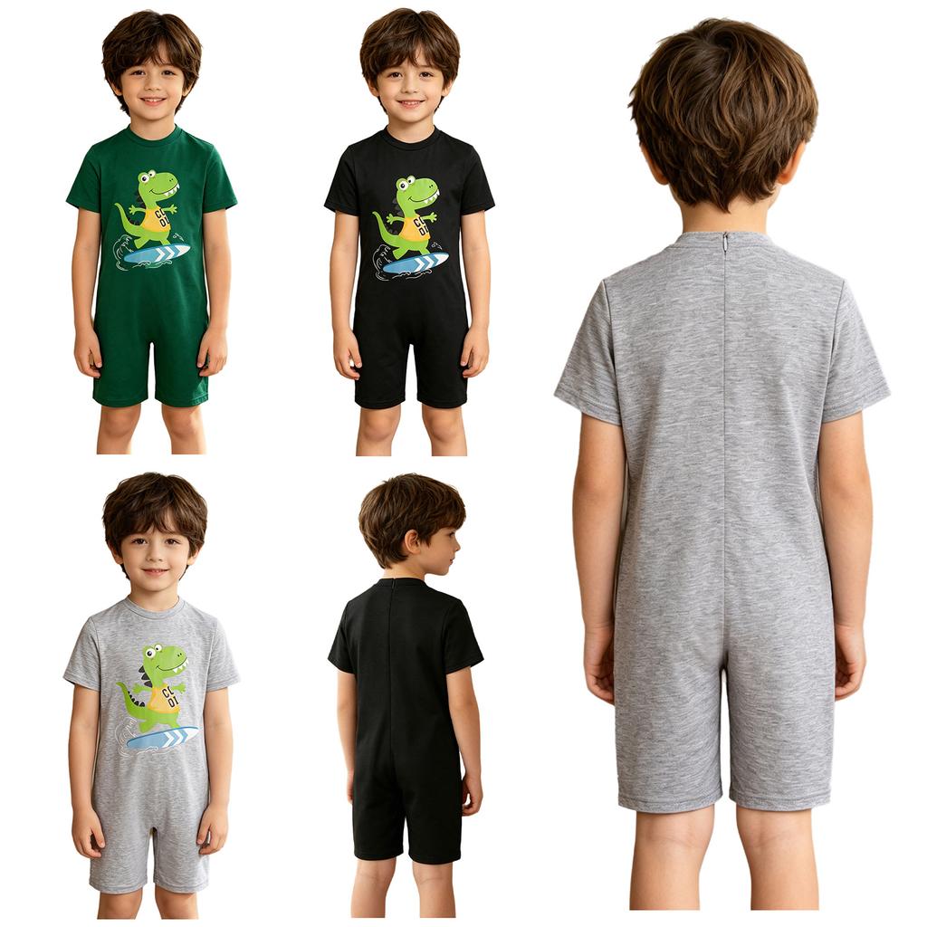 Boys Dinosaur Jumpsuit Short Sleeve Back Invisible Zipper Thigh Length Adaptive Bodysuit Special Needs