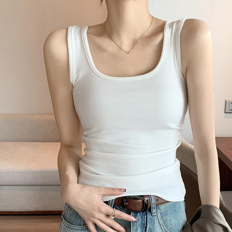Stylish Elegance Fashion Female Casual Vest H237 Spring and Summer Wide Shoulder Vest Women Big U Neck Bottom Inner Small Vest Women Sleeveless Canvas