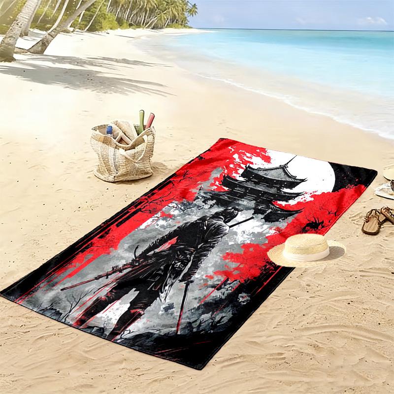 Japanese Samurai Print Beach Towel, Large Soft Quick Dry Towel for Beach Camping Swimming