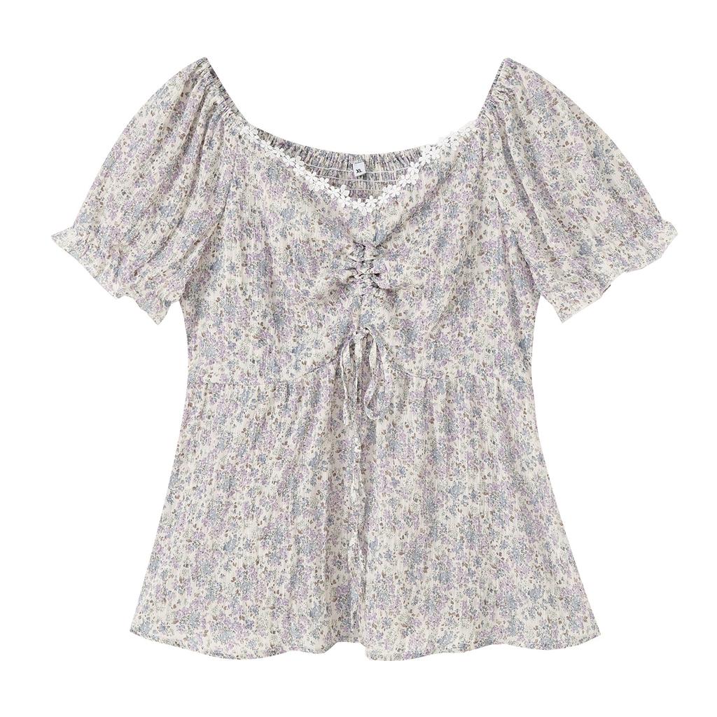 Large size women's French sweet short-sleeved chiffon shirt 2026 summer fashion foreign style waist top 254723