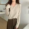 Solid color soft waxy v-neck knitted sweater bottoming shirt long-sleeved women's autumn and winter lazy wind with simple sweater top