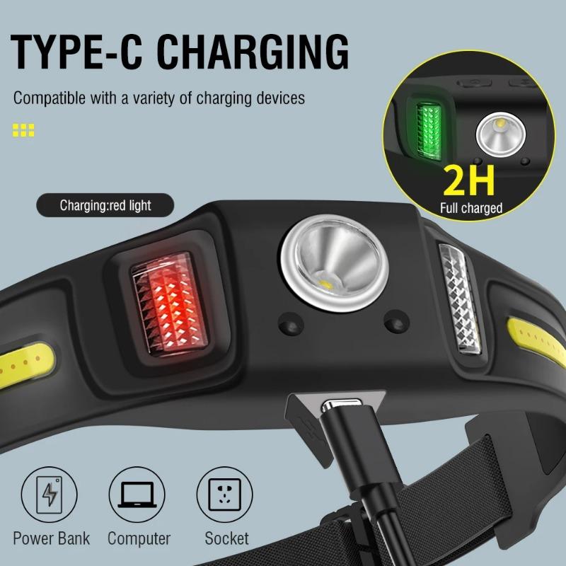 Мощный светодиодный налобный фонарь COB 3000LM, индукционный налобный фонарь, силиконовый, USB-C, перезаряжаемый, для кемпинга, рыбалки