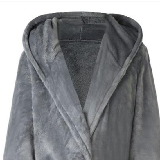 Long Sleeve Pockets Belt Solid Color Men Bathrobe Winter Warm Hooded Fleece Lengthened