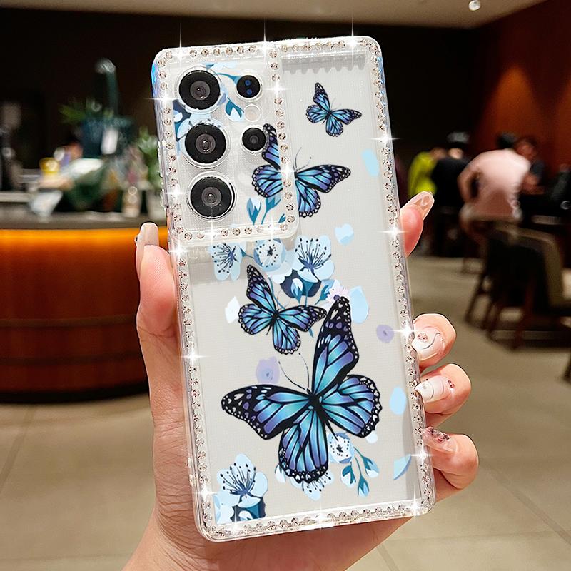 Чехол с узором «Цветы-бабочки» для Samsung Galaxy A56 A36 A26 A16 5G A55 A35 A25 A15 A54 A34 A14 S21 FE S22 S23 S24 Plus S25 Ultra Алмазное покрытие