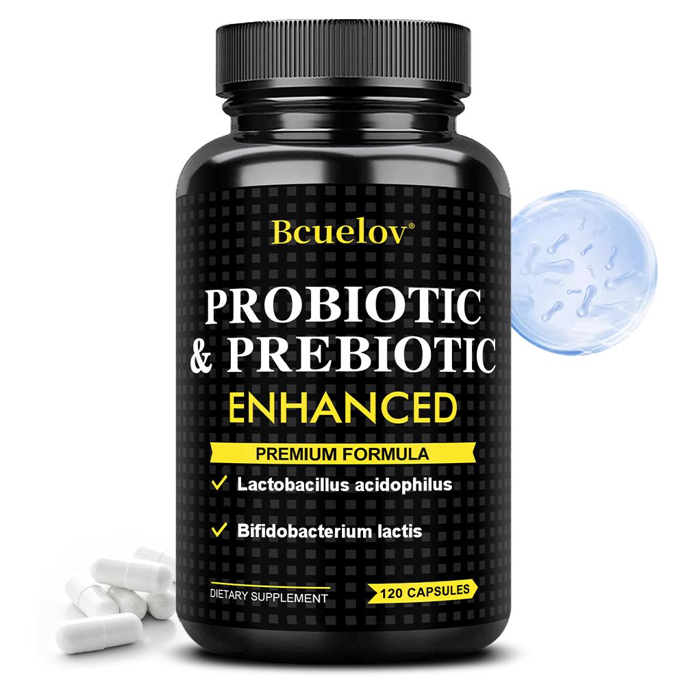 Bcuelov Probiotics and Prebiotics Capsules, containing 440 million live bacteria, 120 capsules.