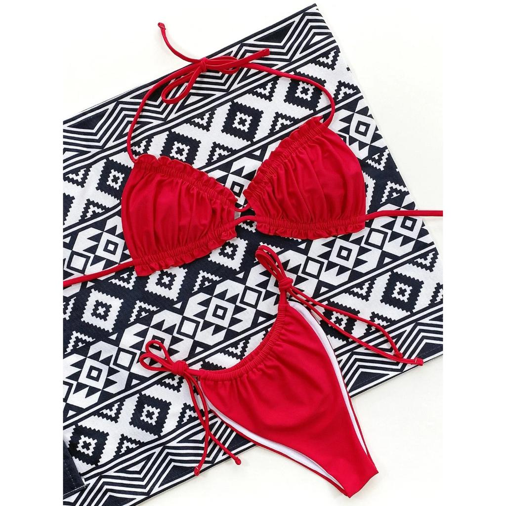 2024 Sexy Ruffle Frill Bikini Solid Swimwear Women Swimsuit Female Bikini Set Brazilian Bathing Suit Beachwear Swim Lady Bathers