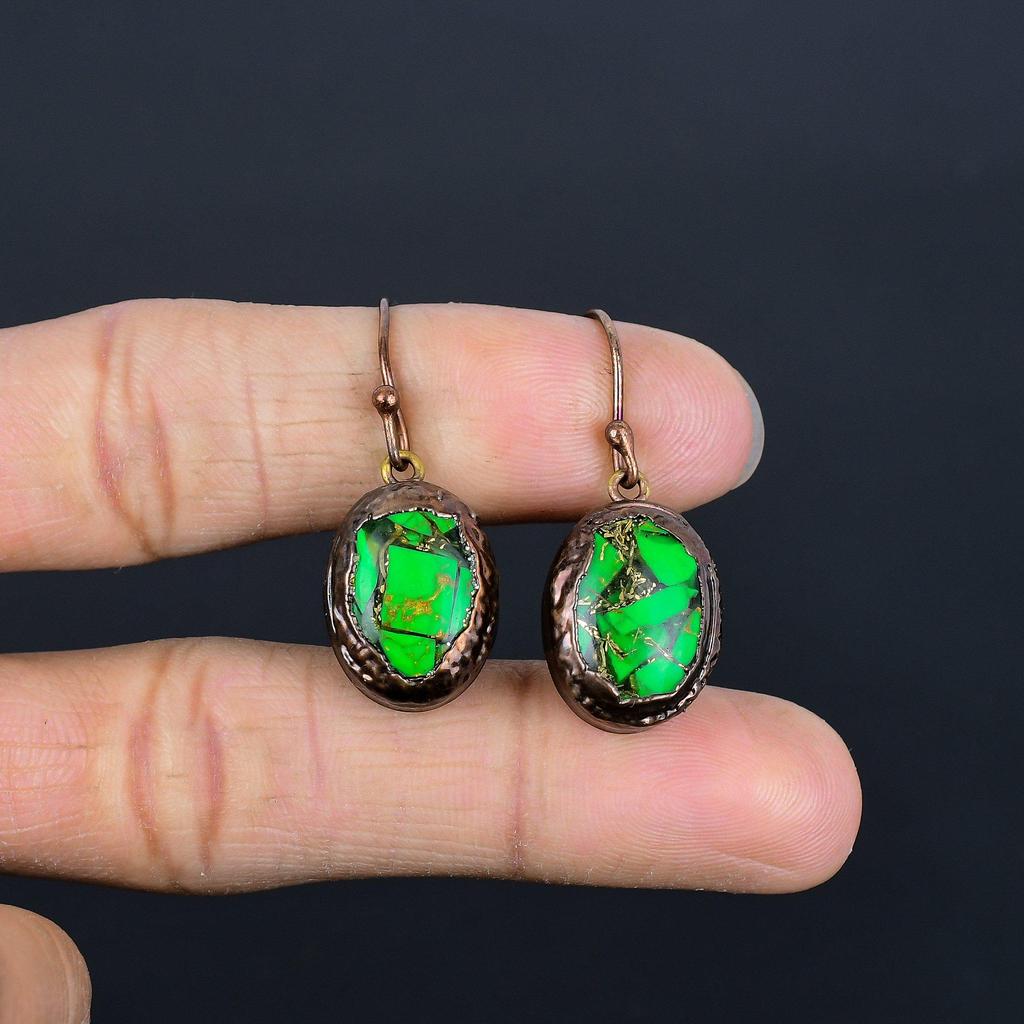 Green Copper Turquoise Earrings, Copper Electroformed Gemstone Jewelry, Handmade Earrings Amazing Jewelry, Gift For Her