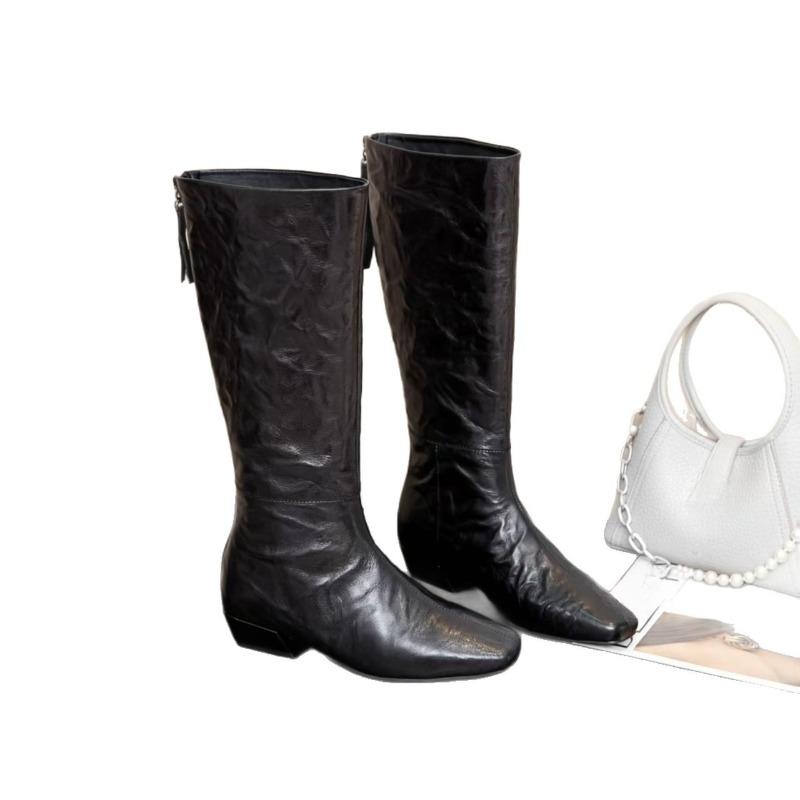 Высокие ботинки, Женская обувь с флисовыми ботинками для похудения, Ботинки на толстом каблуке с задними молниями