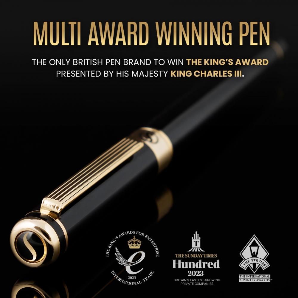 Black Lacquer Fountain Pen by Scriveiner. - Luxury Fountain Pen with 24K Gold Finish of Attractive Beauty, Schmidt 18K Gold Plated Nib (wide), Elegant