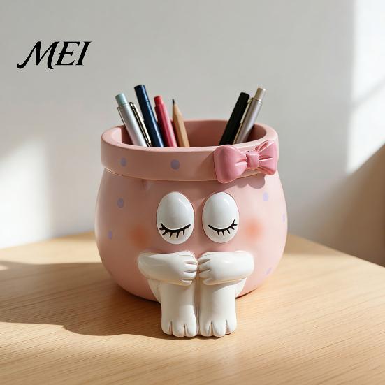 Unique Birthday Gifts for Girls Cute Cartoon Girl Pen Holder, Resin Makeup Brush Decorative Desktop Creative Stationery Holder Organizer with