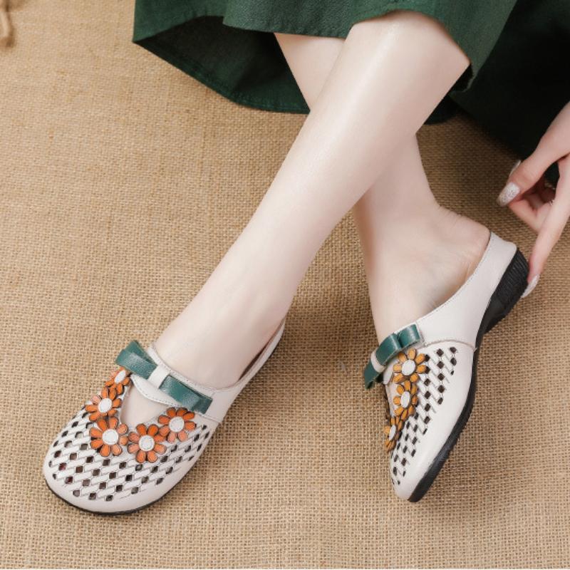 Johnature Тапочки из натуральной кожи с цветочным узором в этническом стиле. Женская обувь на низком каблуке. Полые наружные шлепанцы.