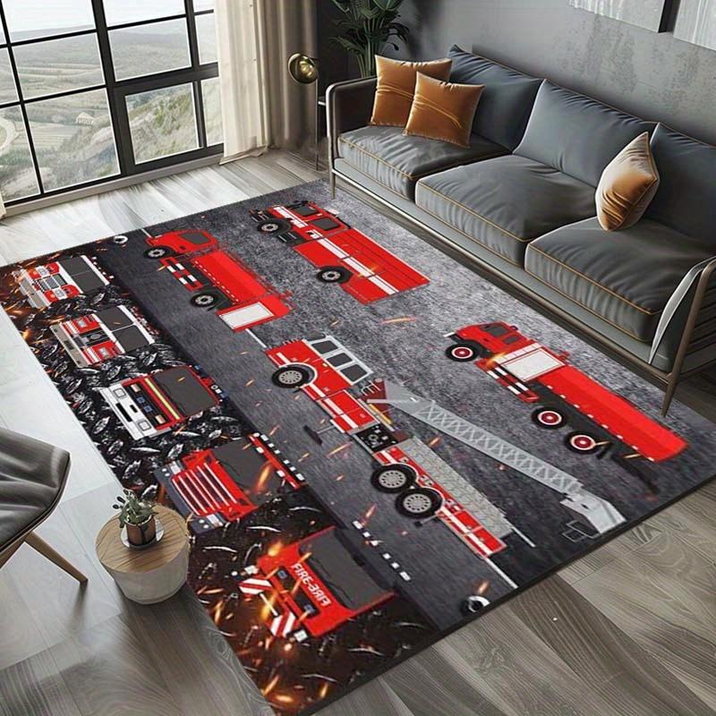 Fire Truck Themed Polyester Carpet Chair Mat,Crystal Velvet Soft Living Room Rug,Washable Outdoor Patio Kitchen Bedroom Floor Mat