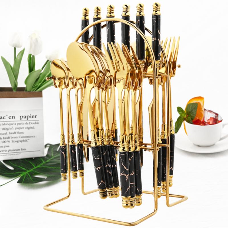 24 шт., набор посуды из нержавеющей стали с имитацией дерева, мраморной ручкой, западный нож, вилка, ложка, столовая посуда с 1 шт., набор держателей