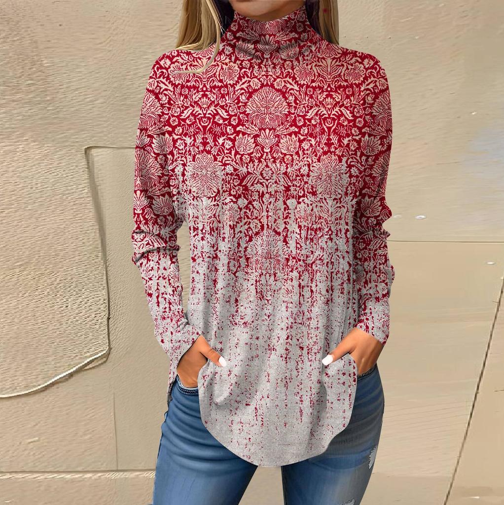 Футболки для женщин, осенние повседневные рубашки с длинными рукавами, толстовка с винтажным принтом, топ с высоким воротом, пуловер