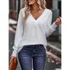 Women's Autumn Winter Solid Color V-neck Loose Long Sleeved T-shirt Button Top Blouses & Shirts