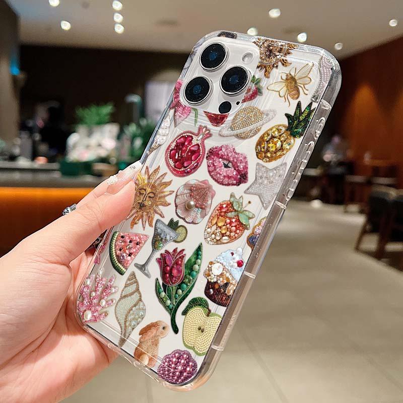 Beaded Pomegranate Sun Phone Case For 16 17 15 14 13 12 Mini 11 Pro Max 16E X XR 7 8 15 16 Plus SE2 Clear Soft TPU Cover
